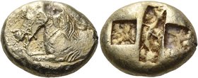 IONIA. Uncertain mint. Circa 600-550 BC. Stater (Electrum, 22 mm, 14.31 g), Lydo-Milesian standard. Forepart of a bridled horse to left; in field to l...