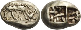 IONIA. Ephesos. Phanes, circa 625-600 BC. Trite (Electrum, 14X10.5 mm, 4.71 g). ΦΑΝΕΟΣ ( retrograde in archaic letters ) Stag grazing to right, with i...