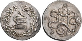 IONIA. Ephesos. Circa 180-67 BC. Cistophoric Tetradrachm (Silver, 28.5 mm, 12.71 g, 12 h), c. 166-160. Basket (cista mystica) from which snake coils; ...