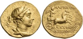 IONIA. Magnesia ad Maeandrum. Circa 125-120 BC. Stater (Gold, 19 mm, 8.51 g, 12 h), Euphemos, son of Pausanias. Diademed and draped bust of Artemis to...