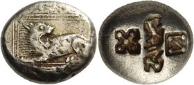 IONIA. Miletos. Circa 560-545 BC. Stater (Electrum, 19.5 mm, 14.09 g, 9 h). Lion seated to left, his head turned back to right; all within ornamental ...