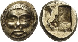 IONIA. Phokaia. Circa 478-387 BC. Hekte (Electrum, 11 mm, 2.56 g), c. early 470s. Bald and wreathed head of Silenos facing, with wide, open eyes, broa...