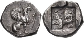 IONIA. Teos. Circa 510-500 BC. Stater (Silver, 20 mm, 11.63 g). Griffin, with open mouth, seated to right on an ornamental pedestal; his left forepaw ...
