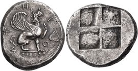 IONIA. Teos. Circa 470 BC. Stater (Silver, 23.3 mm, 11.80 g). Τ-Η-Ι-Ο-Ν Griffin with open jaws and his left foreleg raised, seated to right on ground ...