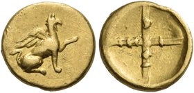 IONIA. Teos. Late 5th century BC. One twenty-fourth stater (Gold, 8.5 mm, 0.96 g). Griffin, with its left forepaw raised, seated to right. Rev. ΤΗ -Ι/...