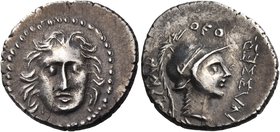 CARIA. Halikarnassos. Circa 150-50 BC. Drachm (Silver, 19 mm, 4.24 g, 12 h), Theo.... Head of Helios facing, turned very slightly to the right. Rev. A...