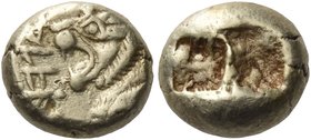 KINGS OF LYDIA. Alyattes II, circa 610-560 BC. Hekte (Electrum, 10 mm, 2.34 g), Sardes. Valvel Head of lion with open jaws to left. Rev. Double incuse...