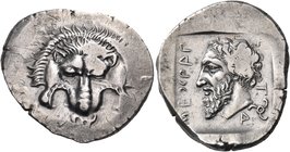DYNASTS OF LYCIA. Mithrapata, Circa 390-370 BC. Stater (Silver, 26 mm, 9.85 g, 9 h), Antiphellos, c. 380-375. Lion's scalp facing; below nose, triskel...