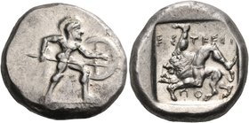 PAMPHYLIA. Aspendos. Circa 465-430 BC. Stater (Silver, 21.5 mm, 11.05 g, 5 h), c. 440-430. Warrior advancing to right, holding shield and couched spea...