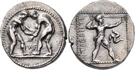 PAMPHYLIA. Aspendos. Circa 380/75-330/25 BC. Stater (Silver, 22 mm, 10.81 g, 12 h). Two wrestlers beginning to grapple with each other; between them, ...