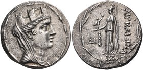 CILICIA. Aigeai. Circa 47-29 BC. Tetradrachm (Silver, 26.5 mm, 14.39 g, 12 h), year IZ (17) = 30/29. Turreted and veiled bust of the Tyche of Aigeai t...