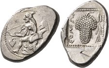 CILICIA. Soloi. Circa 440-410 BC. Stater (Silver, 26.5 mm, 10.90 g, 4 h), c. 430-420. Amazon, wearing a pointed bonnet, with drapery around her waist ...