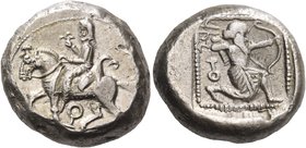 CILICIA. Tarsos. Circa 440-410 BC. Stater (Silver, 21 mm, 11.13 g, 11 h). Horseman (Syennesis?) riding a horse walking to left, wearing kyrbasia, hold...