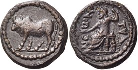 CAPPADOCIA. Tyana. Circa 2nd century AD. Hemiassarion (Bronze, 16 mm, 3.52 g, 12 h). Bull standing to left. Rev. TYA-NEωN Zeus seated to left, holding...