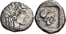 CYPRUS. Lapethos. Uncertain king, Circa 500-480 BC. Stater (Silver, 23 mm, 10.79 g, 4 h). Head of Aphrodite to right. Rev. Head of Athena to right, we...