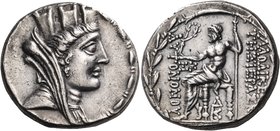 SYRIA, Seleukis and Pieria. Laodicea ad Mare. 78/7-17/6 BC. Tetradrachm (Silver, 27 mm, 15.09 g, 1 h), year ZK = 27 = 55/54 BC2. Turreted, veiled and ...