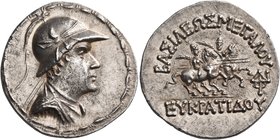 BAKTRIA, Greco-Baktrian Kingdom. Eukratides I, circa 170-145 BC. Tetradrachm (Silver, 31.5 mm, 17.01 g, 12 h), c. later 160s. Diademed and draped bust...