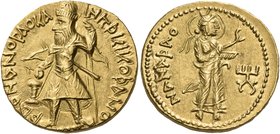 INDIA, Kushan Empire. Kanishka I, circa 127/8-152. Dinar (Gold, 19 mm, 8.00 g, 11 h). ÞAONANOÞAO KA NhÞKI KOÞANO Kanishka, diademed and crowned, stand...
