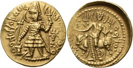 INDIA, Kushan Empire. Vasudeva II, circa 290-310. Dinar (Gold, 23.5 mm, 8.02 g, 12 h). Þ-AOhANOÞAO BA-Z-ΔhO KOÞANO Vasudeva, nimbate, standing facing,...