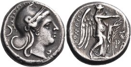 Anonymous, circa 250-240 BC. Didrachm (Silver, 18 mm, 6.54 g, 6 h), Rome. Head of Roma or Diana to right, wearing Phrygian helmet; behind head, cresce...