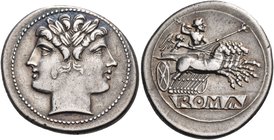 Anonymous, circa 225-214/212 BC. Quadrigatus (Silver, 24.5 mm, 6.67 g, 7 h), Rome. Laureate janiform head. Rev. Jupiter, holding scepter in his left h...