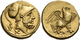 Anonymous, 211-208. 60 Asses (Gold, 15 mm, 3.36 g, 11 h), Rome. Helmeted head of Mars to right; below left, mark of value. Rev. ROMA Eagle, with sprea...