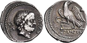 Q. Pompeius Rufus, 73 BC. Denarius (Silver, 18 mm, 3.91 g, 7 h), Rome. RVFVS S C Laureate head of Jupiter to right. Rev. Q.POMPONI Eagle, with spread ...