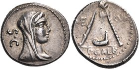 P. Galba, 69 BC. Denarius (Silver, 17.5 mm, 4.03 g, 3 h), Rome. S•C Veiled and draped bust of Vesta to right. Rev. AE - CVR / P.GALB Knife, culullus a...