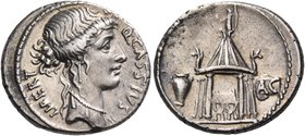 Q. Cassius Longinus, 55 BC. Denarius (Silver, 19 mm, 4.17 g, 6 h), Rome. Q• CASSIVS LIBERT Head of Libertas to right. Rev. The temple of Vesta; to lef...