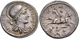 P. Fonteius P.f. Capito, 55 BC. Denarius (Silver, 18 mm, 3.86 g, 1 h), Rome. P • FONTEIVS • P • F • CAPITO • III • VIR Helmeted and draped bust of Mar...