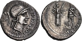 Cnaeus Pompeius Magnus (Pompey the Great). Denarius (Silver, 20 mm, 3.88 g, 7 h), Spain, Cn. Pompeius Magnus and M. Poblicius, 46-45 BC. M•POBLICI• LE...