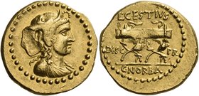 L. Cestius and C. Norbanus, May-August 43 BC. Aureus (Gold, 19.5 mm, 8.10 g, 1 h), emergency issue authorized by the Senate in Rome. Draped bust of Af...