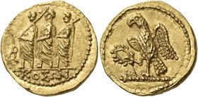 SKYTHIA. Geto-Dacians. Koson, circa 40-29 BC. Stater (Gold, 20 mm, 8.33 g, 11 h), Olbia (?). ΚΟΣΩΝ Three togate male figures walking to left, the firs...