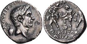 Sextus Pompey, 37-36 BC. Denarius (Silver, 18 mm, 3.82 g, 2 h), military mint in Sicily. MAG•PIVS•IMP[•ITER] Bare head of Pompeius Magnus to right; be...