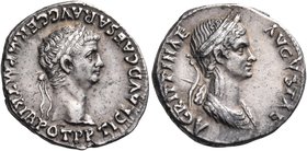 Claudius, with Agrippina Junior, 41-54. Denarius (Silver, 19 mm, 3.65 g, 5 h), Rome, 50-54. TI CLAVD CAESAR AVG GERM P M TRIB POT P P Laureate head of...