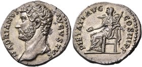 Hadrian, 117-138. Denarius (Silver, 18.5 mm, 3.42 g, 7 h), Rome, 132-135. HADRIANVS AVGVSTVS Bare head of Hadrian to left, with slight drapery over hi...