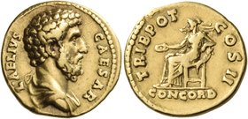 Aelius, Caesar, 136-138. Aureus (Gold, 18 mm, 7.03 g, 6 h), struck under Hadrian, Rome, 137. L• AELIVS CAESAR Draped bust of Aelius to right. Rev. TRI...