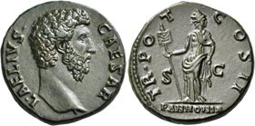 Aelius, Caesar, 136-138. As (Copper, 25 mm, 10.92 g, 6 h), Rome, 137. L• AELIVS• CAESAR Bare head of Aelius to right. Rev. TR• POT COS II / S-C / PANN...