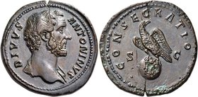 Divus Antoninus Pius, died 161. Sestertius (Orichalcum, 35 mm, 25.05 g, 6 h), Rome, 161 and later. DIVVS ANTONINVS Bare-headed bust of Antoninus Pius ...