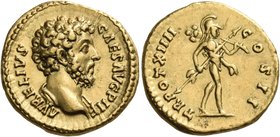 Marcus Aurelius, as Caesar, 139-161. Aureus (Gold, 19.5 mm, 7.29 g, 6 h), struck under Antoninus Pius, Rome, 159-160. AVRELIVS CAESAR AVG PII F Head o...