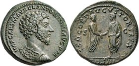 Marcus Aurelius, 161-180. Sestertius (Orichalcum, 33 mm, 28.91 g, 12 h), Rome, 161. IMP CAES M AVREL ANTONINVS AVG P M Bare-headed and cuirassed bust ...