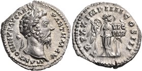 Marcus Aurelius, 161-180. Denarius (Silver, 19 mm, 3.27 g), Rome, 166. M ANTONINVS AVG ARM PARTH MAX Laureate head of Marcus Aurelius to right. Rev. T...