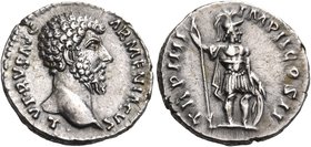 Lucius Verus, 161-169. Denarius (Silver, 17 mm, 3.34 g, 6 h), Rome, 164. L VERVS AVG ARMENIACVS Bare head of Lucius Verus to right. Rev. TR P IIII IMP...
