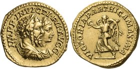 Septimius Severus, with Caracalla, 193-211. Aureus (Gold, 20 mm, 7.41 g, 10 h), Rome, 204 (?). IMPP INVICTI PII AVGG Jugate heads to right of Septimiu...