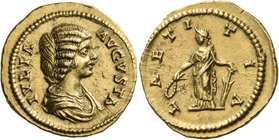 Julia Domna, Augusta, 193-217. Aureus (Gold, 21 mm, 7.20 g, 12 h), Laodicea ad Mare, circa 198. IVLIA AVGVSTA Draped bust of Julia Domna to right, her...