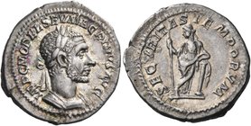 Macrinus, 217-218. Denarius (Silver, 20 mm, 3.46 g, 6 h), Rome, spring-summer 217. IMP C M OPEL SEV MACRINVS AVG Laureate and cuirassed bust of Macrin...