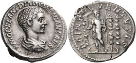 Diadumenian, as Caesar, 217-218. Denarius (Silver, 19 mm, 3.23 g, 6 h), Rome, late July 217 - end February 218. M OPEL ANT DIADVMENIAN CAES Bareheaded...