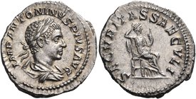 Elagabalus, 218-222. Denarius (Silver, 20 mm, 3.05 g, 6 h), Rome, 220-222. IMP ANTONINVS PIVS AVG Laureate and draped bust of Elagabalus to right, see...
