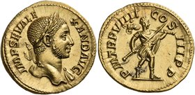 Severus Alexander, 222-235. Aureus (Gold, 20 mm, 6.20 g, 7 h), Rome, 230. IMP SEV ALE-XAND AVG Laureate bust of Severus Alexander to right, with drape...