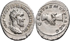 Pupienus, 238. Antoninianus (Silver, 25 mm, 4.91 g, 12 h), Rome. IMP CAES PVPIEN MAXIMVS AVG Radiate, draped and cuirassed bust of Pupienus to right. ...